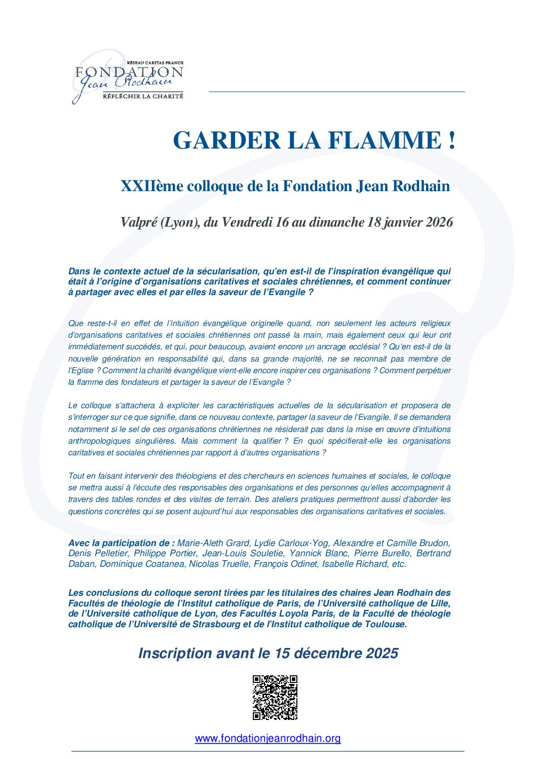 Garder la flamme : colloque Fondation Jean Rodhain