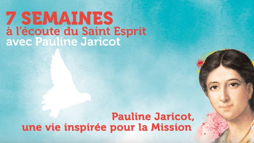 Portrait de Pauline Jaricot sur fond à effet aquarelle